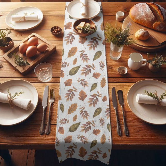 Muted Green Brown Fall Foliage Watercolor Pattern Short Table Runner (Creator Uploaded)