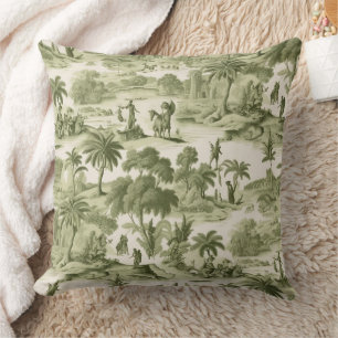 Muted Green Cottage Toile Countryside Scenic Throw Pillow