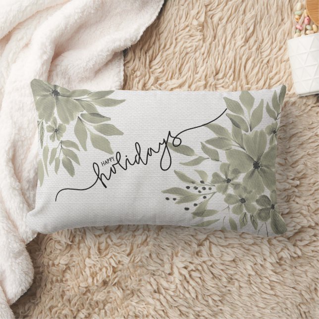 Muted Green Florals on Cream Linen Texture Holiday Lumbar Pillow (Blanket)