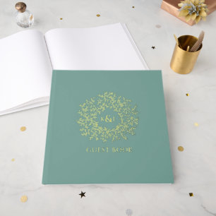 Muted green gold leaf monogram wedding guest book