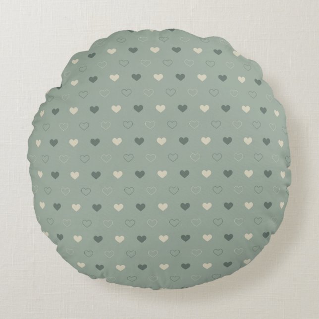 Muted Green Heart Grid Seamless Pattern Round Pillow (Front)