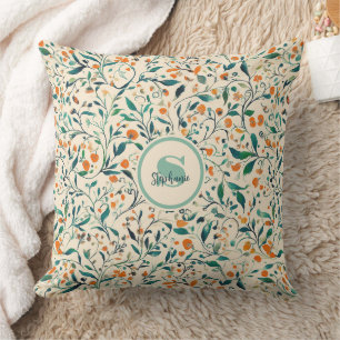 Muted Green Orange Vine Botanical Spring Throw Pillow
