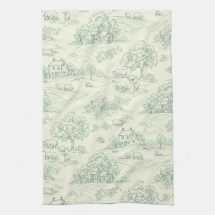 Muted Green Pastoral Farm Animal Toile Print Kitchen Towel