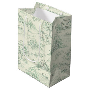 Muted Green Pastoral Farm Animal Toile Print Medium Gift Bag