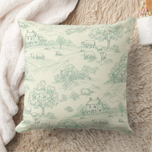 Muted Green Pastoral Farm Animal Toile Print Throw Pillow