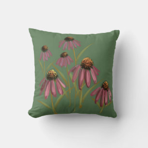 Muted Green & Pink Floral - Echinacea Art Throw Pillow