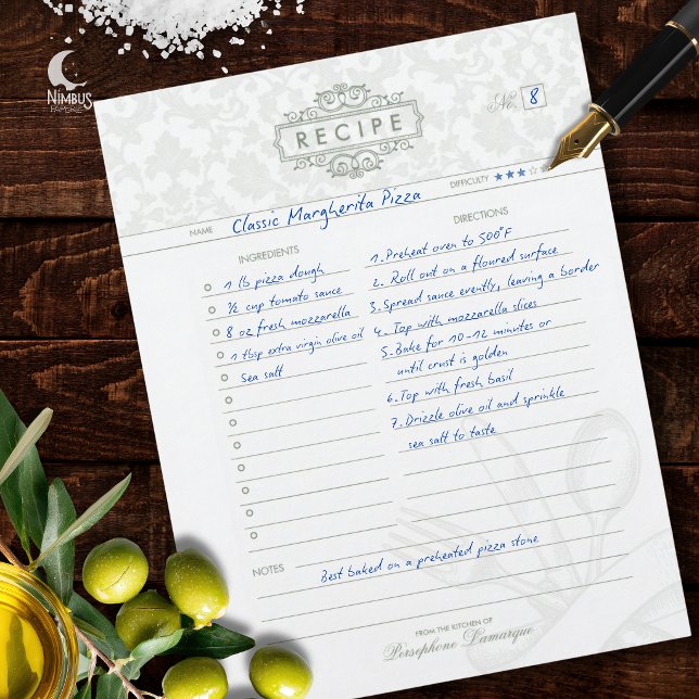 Muted Green Vintage Damask Recipe Binder Insert  Letterhead (Example use)