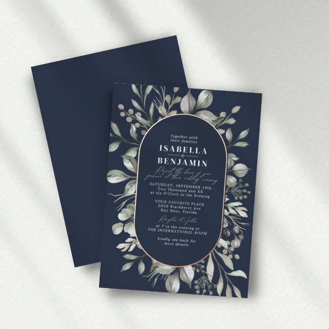 Muted Greenery Oval Dark Navy Wedding Rose Gold (Creator Uploaded)