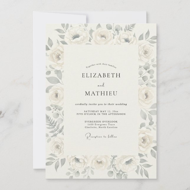 Muted Grey Rose Wedding Invitation (Front)
