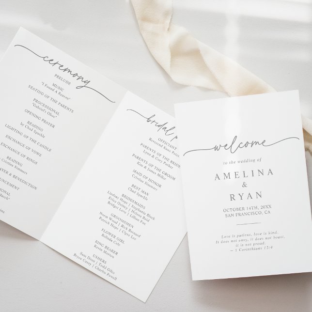 Muted Grey Simple Minimalist Folded Wedding Program (Creator Uploaded)