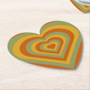 Muted Groovy Retro Layered Love Heart Paper Coaster