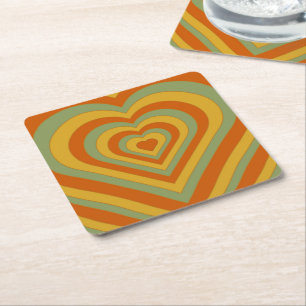 Muted Groovy Retro Layered Love Heart Square Square Paper Coaster