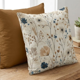 Muted Indigo and Amber Autumn Wildflower Floral Throw Pillow