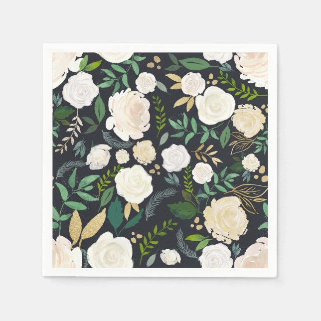 Muted Ivory Floral Pattern with Greenery Black Napkin (Front)