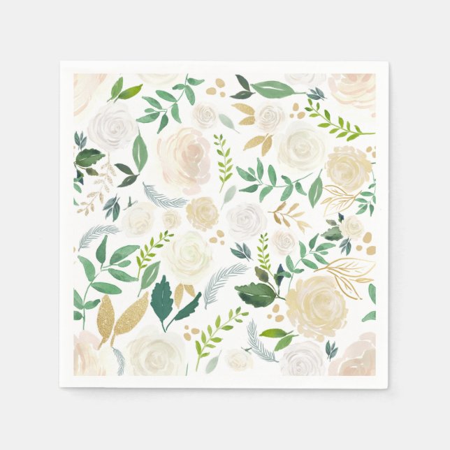 Muted Ivory Floral Pattern with Greenery White Napkin (Front)