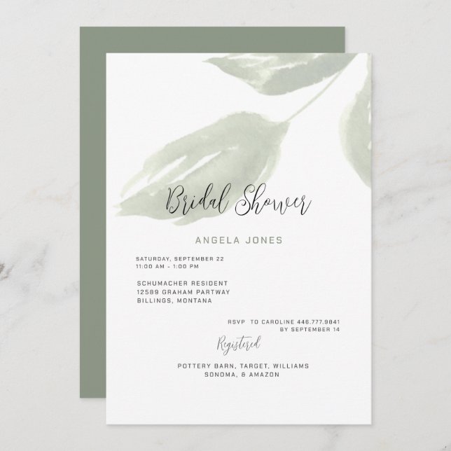 Muted Ivy Sage Wedding Bridal Shower  Invitation (Front/Back)