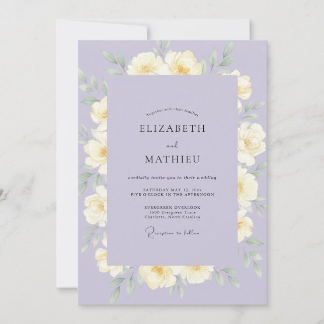 Muted Lavender Yellow Wreath Wedding Invitation (Front)