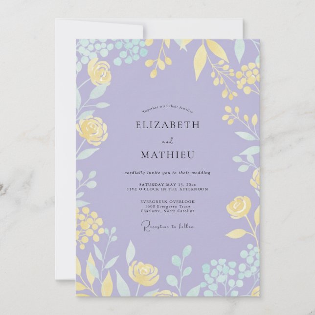 Muted Lilac Yellow Blossom Wedding Invitation (Front)