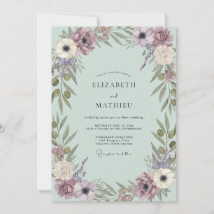 Muted Mauve Mint Anemone Wedding Invitation