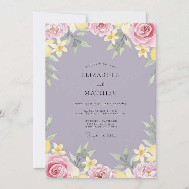 Muted Mauve Yellow Petal Wedding Invitation (Front)