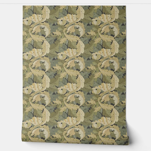 Muted Mint & Pale Straw Листья William Morris Wallpaper (Unrolling)