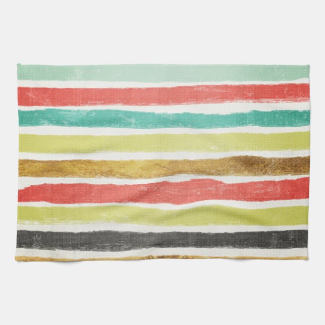 Muted Multi Coloured Brush Stroke Stripes Kitchen Towel (Horizontal)