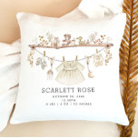 Muted Neutral Boho Baby Girl Nursery Birth Stats Throw Pillow<br><div class="desc">This pillow captures the essence of modern elegance with a touch of bohemian charm, featuring a delightful illustration of a baby girl dress and a collection of charming baby elements like toys and shoes. Rendered in soft muted neutral tones, this pillow is not only a cozy nursery accessory but also...</div>