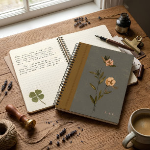 Muted Olive Green & Gold Floral Faux Leather  Notebook