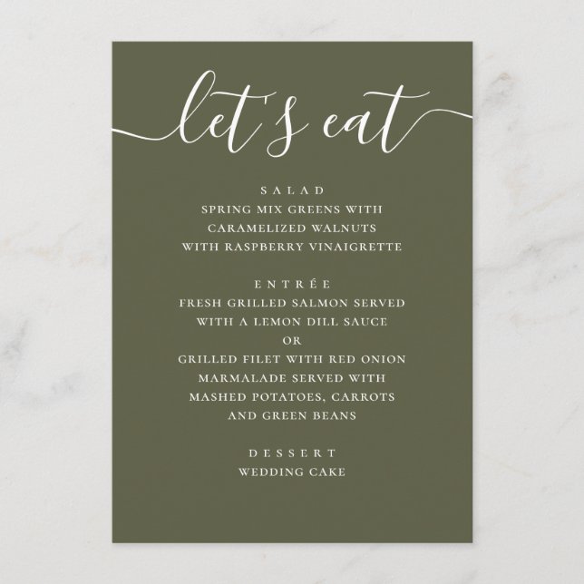 Muted Olive Green Wedding. Modern Garden Reception Menu (Front)
