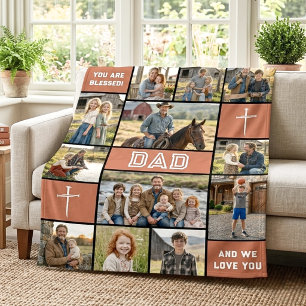Muted Orange 12 Photo Dad Name Bold White Fleece Blanket