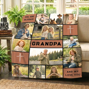 Muted Orange 12 Photo Grandpa Name Bold Black Fleece Blanket