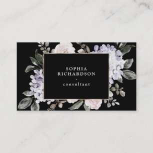 Muted Pastel Watercolor Hydrangea Floral   Black Business Card