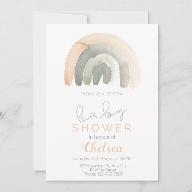 Muted Peach & Grey Watercolour Rainbow Baby Shower Invitation (Front)