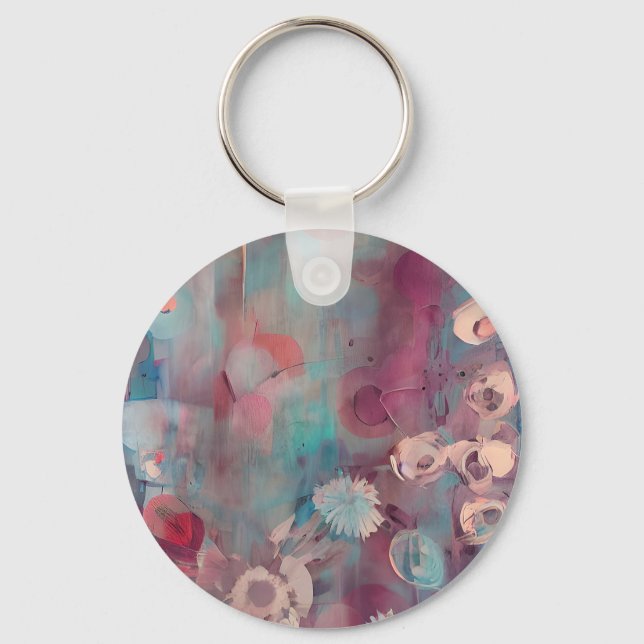 Muted pink and blue abstract flowers  keychain (Front)