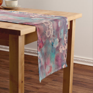 Muted pink and blue abstract flowers short table runner