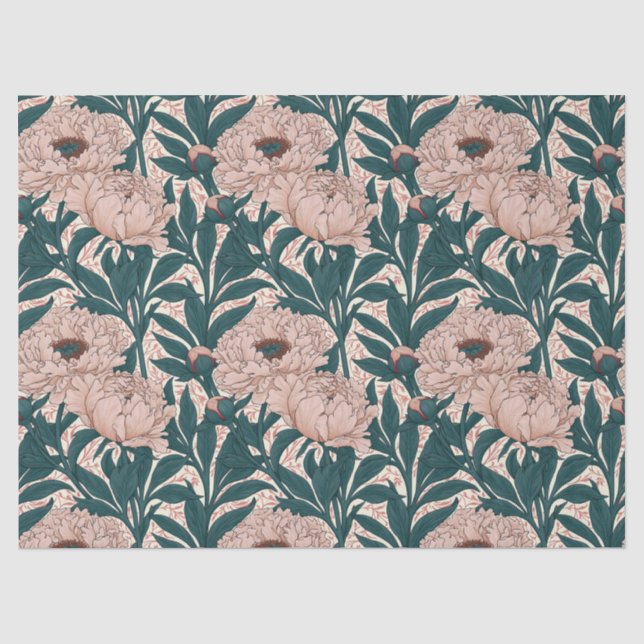 Muted pink and green peonies pattern tissue paper (Front)