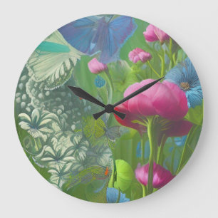 Muted pink, blue and White floral   Large Clock