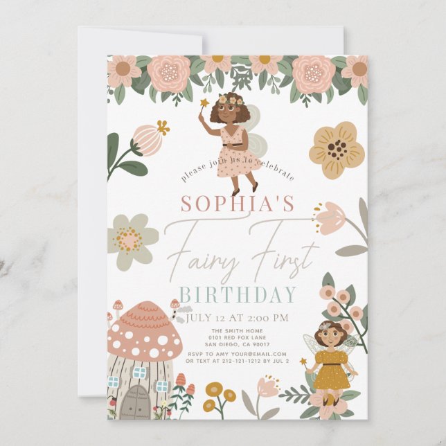 Muted Pink Floral Dark Skin Fairy First Birthday Invitation (Front)