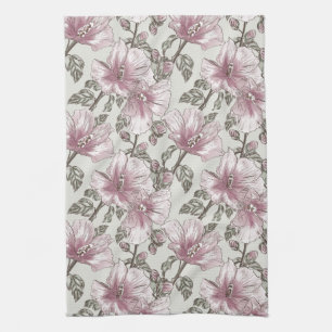 Muted Pink Hibiscus Flowers Pattern Kitchen Towel