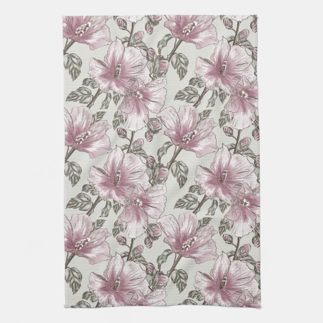 Muted Pink Hibiscus Flowers Pattern Kitchen Towel (Vertical)