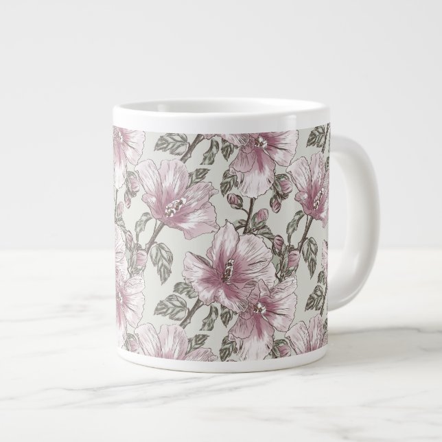 Muted Pink Hibiscus Flowers Pattern Large Coffee Mug (Front Right)
