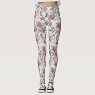Muted Pink Hibiscus Flowers Pattern Leggings