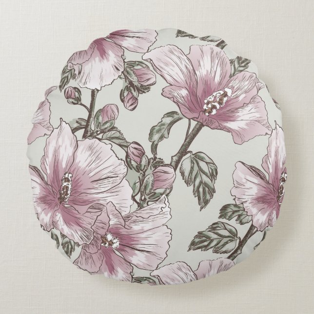 Muted Pink Hibiscus Flowers Pattern Round Pillow (Front)