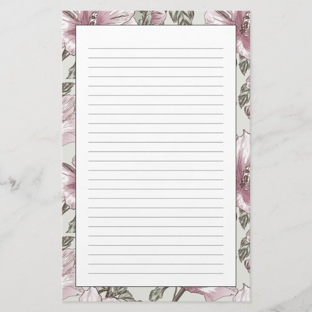 Muted Pink Hibiscus Flowers Pattern Stationery (Front)