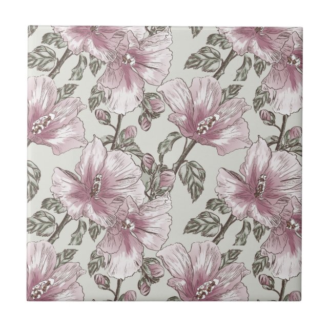 Muted Pink Hibiscus Flowers Pattern Tile (Front)