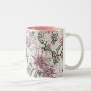 Muted Pink Hibiscus Flowers Pattern Two-Tone Coffee Mug