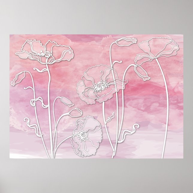 Muted Pink Mauve Abstract Watercolor and Poppies 3 Poster (Front)