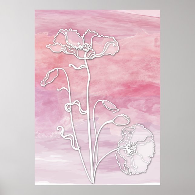 Muted Pink Mauve Abstract Watercolor and Poppies Poster (Front)