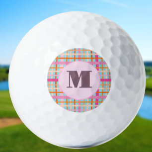 Muted pink preppy plaid custom monogram ladies golf balls