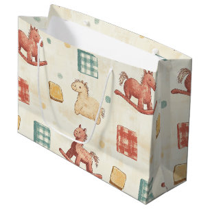 Muted Plaid Rocking Horse Cottage Pattern Large Gift Bag